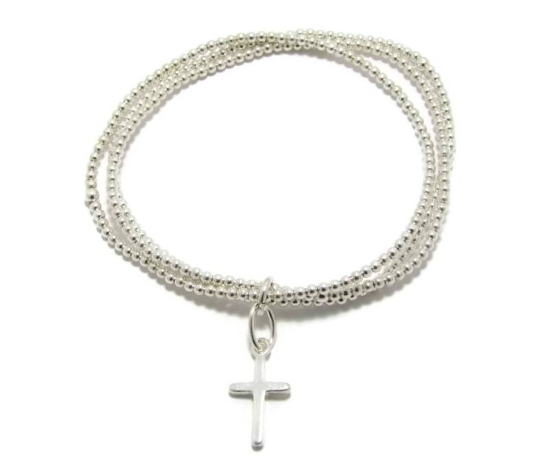 Sterling Silber Kreuz Armband Schichtarmband Mit Silbernem Charm 2 Mm Ball Bead Stretch Damen Christlicher Schmuck von KyperCo
