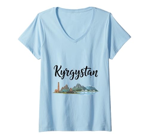 Damen Outfits für den Urlaub mit der Skyline von Kirgisistan T-Shirt mit V-Ausschnitt Damen Outfits für den Urlaub mit der Skyline von Kirgisistan T-Shirt mit V-Ausschnitt von Kyrgyzstan Casual Clothes T-Shirts