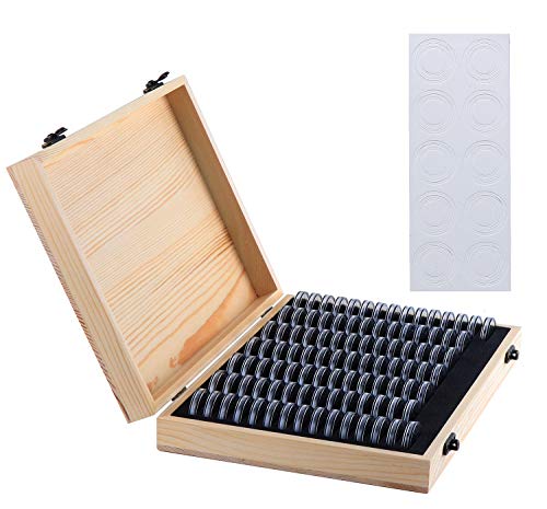 Kyrio 100 Stück Münzhalter Holz Münzen Aufbewahrungsbox mit runden Münzkapseln Kunststoff Münzen Organizer Münzschutz Box für Münzsammler 18 mm/21 mm/25 mm/27 mm/30 mm von Kyrio