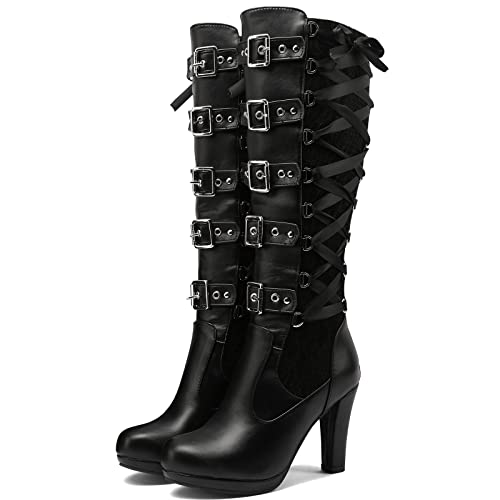 KysBloes Frauen Spitze Goth Kniehohe Stiefel Schnalle Blockabsatz Lace Up Knielänge Stiefel Punk Plattform Hohe Stiefel, Schwarz, 38 EU von KysBloes