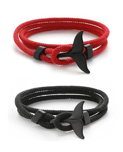 Kysin Chiys Nautisches geflochtenes Walschwanz-Seil-Armband-Set – 2 Stück verstellbare geflochtene Kordel-Armband, handgefertigtes Schnurarmband mit Metallknoten, für Herren und Damen, geflochtene von Kysin Chiys