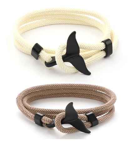 Kysin Chiys Nautisches geflochtenes Walschwanz-Seil-Armband-Set – 2 Stück verstellbare geflochtene Kordel-Armband, handgefertigtes Schnurarmband mit Metallknoten, für Herren und Damen, geflochtene von Kysin Chiys