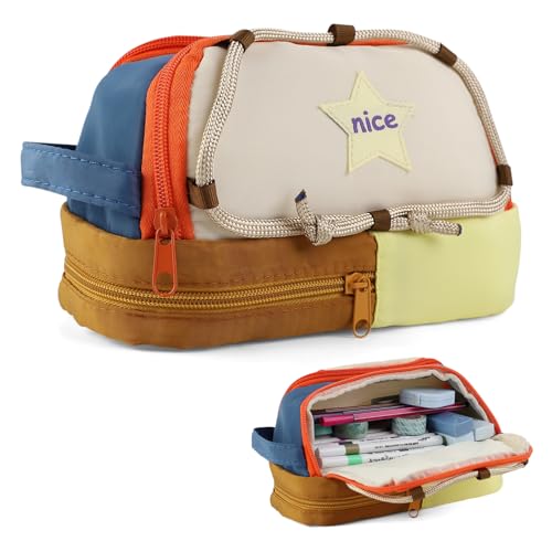 Kytpyi Federmäppchen, Stiftemäppchen, 23 * 12 * 14cm Verschleißfestes Großes Kinder Mäppchen mit 3 Fächer Reißverschluss für Schule Büro Haus, Süßes Buntes Etui Stifte für Jungen Mädchen (Beige) von Kytpyi