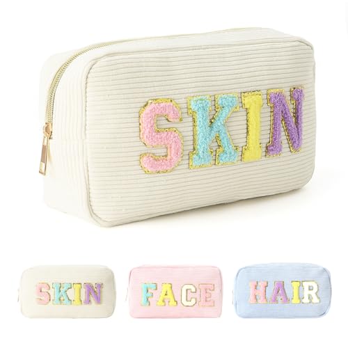 Kytpyi Kleine Kosmetiktasche für Handtasche, Kosmetiktasche Reise, Leicht Weich Kord Kulturtasche Damen für Toilettenartikel, 25,5*7*14,5cm Tragbare Schminktasche für Verabredung Party Reise (Beige) von Kytpyi