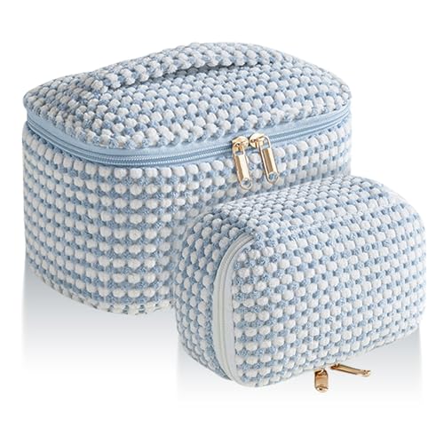 Kytpyi Kosmetiktasche Set, Kosmetiktasche Reise, 2 Stück Stilvoll Kord Schminktasche Groß mit Fächer für Toilettenartikel, Tragbar Weich Kulturtasche Damen für Verabredung Party Reise (Blau Punkt) von Kytpyi