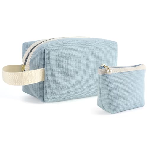 Kytpyi Kosmetiktasche Set, Kulturtasche Damen, 2 Stück Feine Minimalismus Kord Kulturtasche Damen mit Griff Fach, Tragbare Schminktasche Groß für Verabredung Party Reise (Blau) von Kytpyi