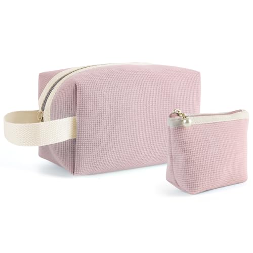 Kytpyi Kosmetiktasche Set, Kulturtasche Damen, 2 Stück Feine Minimalismus Kord Kulturtasche Damen mit Griff Fach, Tragbare Schminktasche Groß für Verabredung Party Reise (Rosa) von Kytpyi