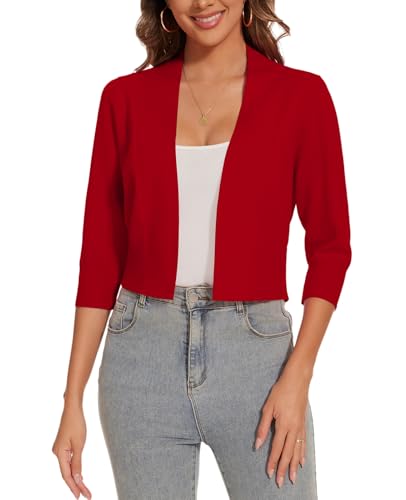 Kyzoeyou Bolero Damen Open Knit Cardigan Strickjacke Langarmshirt Kurz Zum Kleid Shrug Cardigan Top (Rot M) von Kyzoeyou