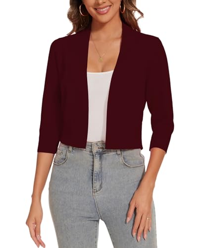 Kyzoeyou Bolero Damen Open Knit Cardigan Strickjacke Langarmshirt Kurz Zum Kleid Shrug Cardigan Top (Weinrot M) von Kyzoeyou