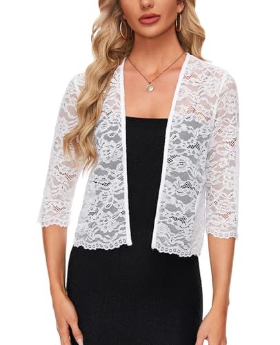 Kyzoeyou Bolero Damen Spitze Offene Vorne Strickjacke 3/4 Arm Cardigan Elegant Boleroshrug (Weiß L) von Kyzoeyou