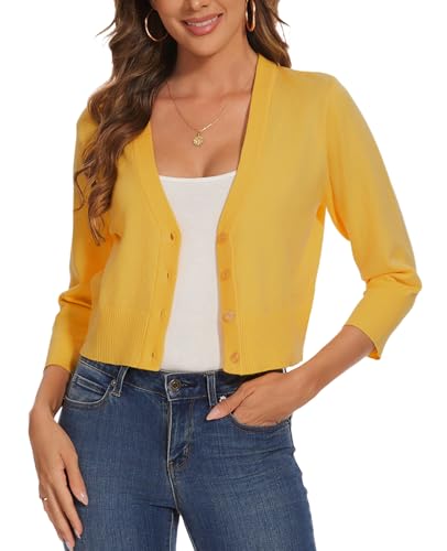 Kyzoeyou Bolero Damen Strickjacke Cardigan Langarmshirt V-Ausschnitt Kurz Zum Kleid Shrug Cardigan Top (Gelb M) von Kyzoeyou