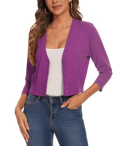 Kyzoeyou Cardigan Damen Kurz V-Ausschnitt Langarmshirt Basic Bolerojacke Freizeit Boleroshrug (Dunkelviolett XL) von Kyzoeyou