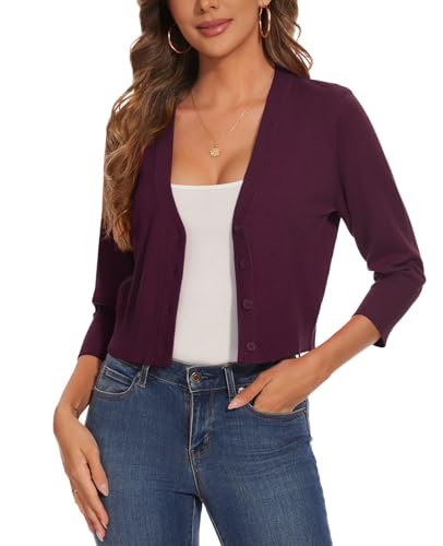 Kyzoeyou Cardigan Damen Kurz V-Ausschnitt Langarmshirt Basic Bolerojacke Freizeit Boleroshrug (Weinrot XL) von Kyzoeyou