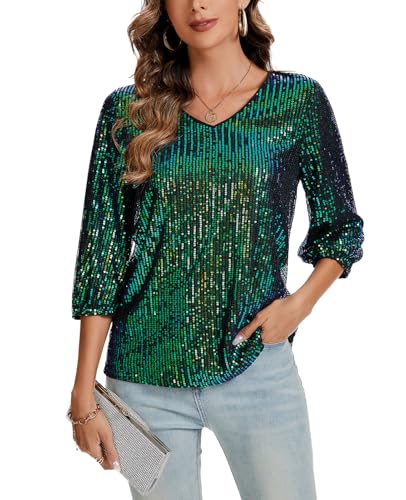 Kyzoeyou Damen Pailletten Glitzer Tops Oberteil 3/4 Ärmel V-Ausschnitt T-Shirt Bluse Lose Freizeit Party Festival Club (Grün XXL) von Kyzoeyou