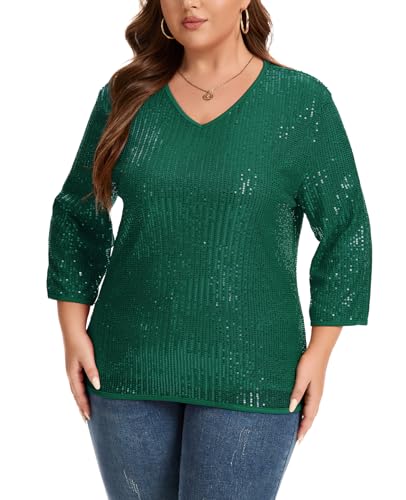Kyzoeyou Damen Pailletten Glitzer Tops Oberteil Langarm V-Ausschnitt T-Shirt Bluse Freizeit Party Festival Club Oversize (Grün S) von Kyzoeyou