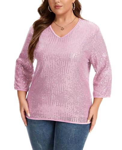 Kyzoeyou Damen Pailletten Glitzer Tops Oberteil Langarm V-Ausschnitt T-Shirt Bluse Freizeit Party Festival Club Oversize (Pink S) von Kyzoeyou