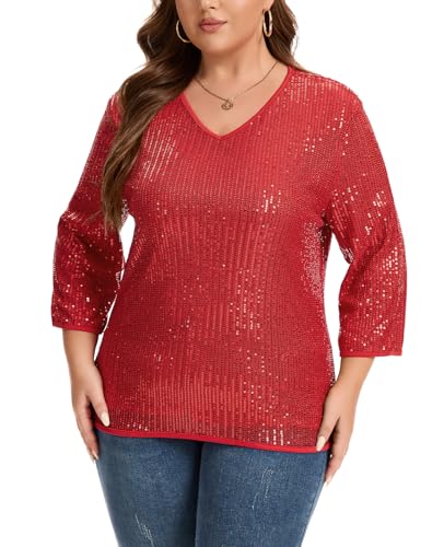 Kyzoeyou Damen Pailletten Glitzer Tops Oberteil Langarm V-Ausschnitt T-Shirt Bluse Freizeit Party Festival Club Oversize (Rot L) von Kyzoeyou