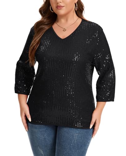 Kyzoeyou Damen Pailletten Glitzer Tops Oberteil Langarm V-Ausschnitt T-Shirt Bluse Freizeit Party Festival Club Oversize (Schwarz XXL) von Kyzoeyou