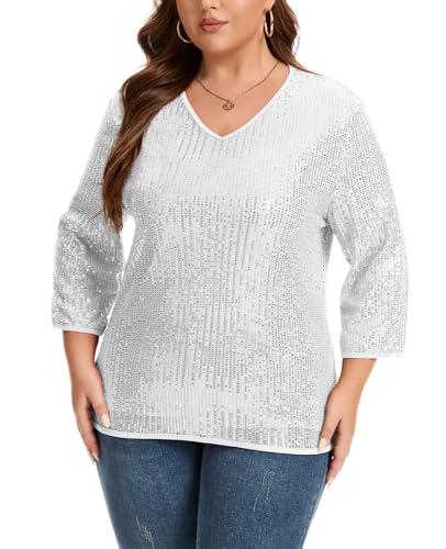 Kyzoeyou Damen Pailletten Glitzer Tops Oberteil Langarm V-Ausschnitt T-Shirt Bluse Freizeit Party Festival Club Oversize (Weiß S) von Kyzoeyou