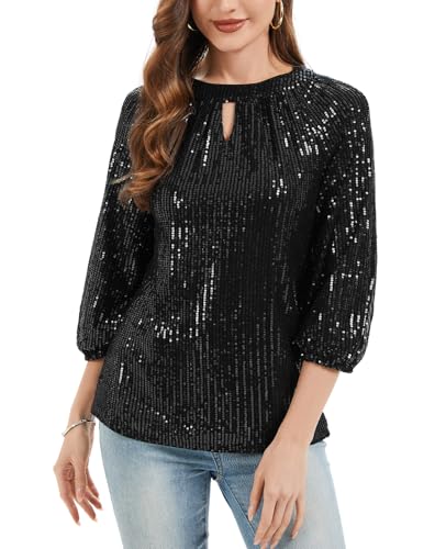 Kyzoeyou Damen Pailletten Oberteil Glitzer Tops 3/4 Ärmel Rundhals T-Shirt Bluse Freizeit Tunika Party Festival Keyhole (Schwarz M) von Kyzoeyou
