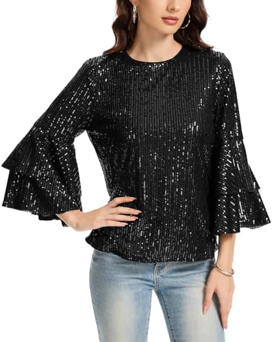 Kyzoeyou Damen Pailletten Oberteil Glitzer Tops Langarm Rundhals T-Shirt Bluse Cap Ärmel Freizeit Tunika Party Festival (Schwarz M) von Kyzoeyou