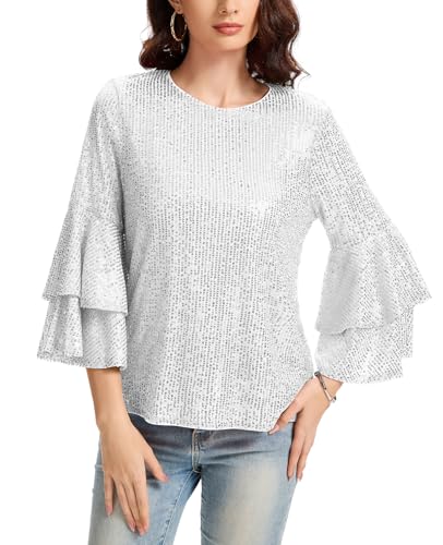 Kyzoeyou Damen Pailletten Oberteil Glitzer Tops Langarm Rundhals T-Shirt Bluse Cap Ärmel Freizeit Tunika Party Festival (Silbrig XL) von Kyzoeyou