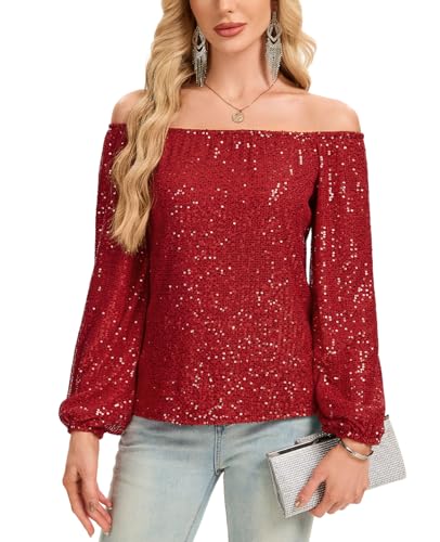 Kyzoeyou Damen Pailletten Oberteil Glitzer Tops Langarm Schulterfrei T-Shirt Bluse Elegant Freizeit Tunika Party Festival (Rot M) von Kyzoeyou