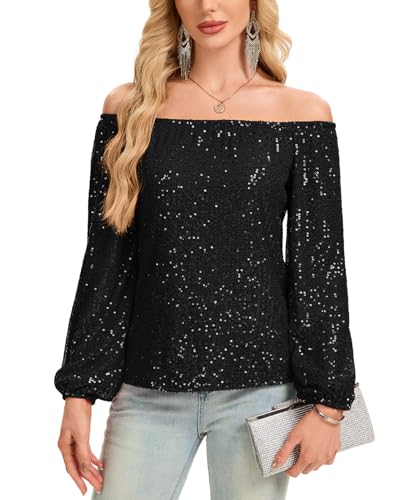 Kyzoeyou Damen Pailletten Oberteil Glitzer Tops Langarm Schulterfrei T-Shirt Bluse Elegant Freizeit Tunika Party Festival (Schwarz XXL) von Kyzoeyou