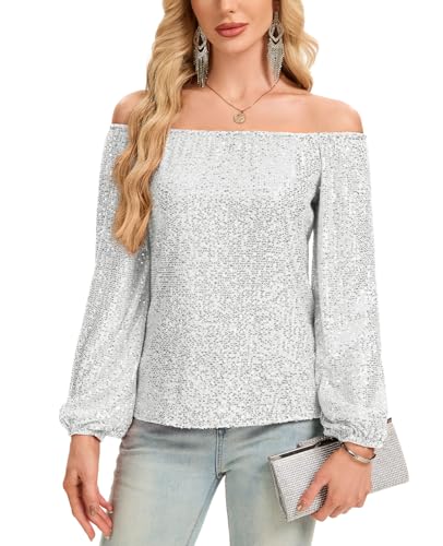 Kyzoeyou Damen Pailletten Oberteil Glitzer Tops Langarm Schulterfrei T-Shirt Bluse Elegant Freizeit Tunika Party Festival (Silbrig XXL) von Kyzoeyou