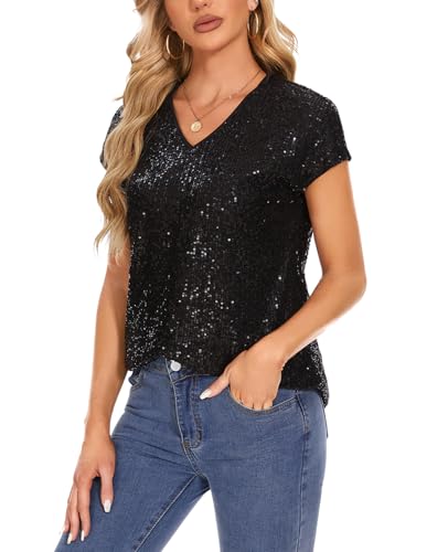 Kyzoeyou Damen Tops Pailletten Glitzer Oberteil Kurzarm Cap Ärmel Bluse (Schwarz XL) von Kyzoeyou