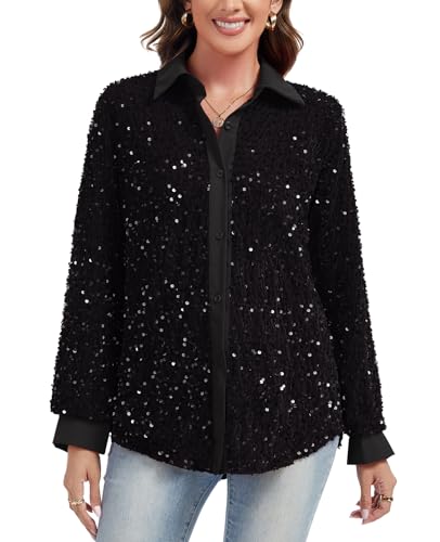 Kyzoeyou Hemd für Damen Pailletten Glitzer Oberteil Lange Ärmel mit Knöpfen Bluse Tunika Party Tops Festliches Hemdbluse Große Größen (Schwarz XXL) von Kyzoeyou