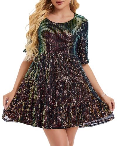 Kyzoeyou Kurzarm Glitzer Sommerkleid Damen mit Pailletten Midi Kleider Leicht Kleid Casual Tunika Plissee Swing Freizeitkleid(Fantasie schwarz,XXL) von Kyzoeyou