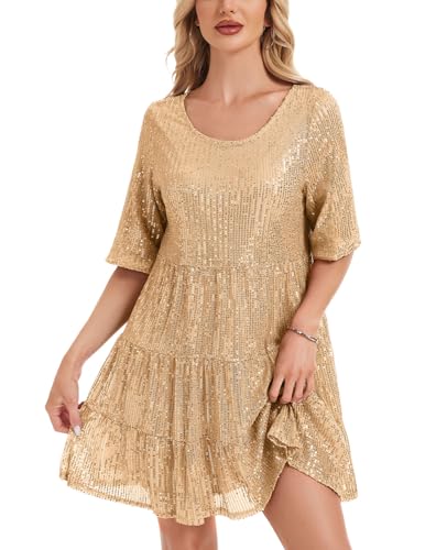 Kyzoeyou Kurzarm Glitzer Sommerkleid Damen mit Pailletten Midi Kleider Leicht Kleid Casual Tunika Plissee Swing Freizeitkleid(Golden,L) von Kyzoeyou