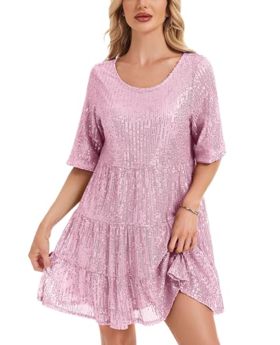Kyzoeyou Kurzarm Glitzer Sommerkleid Damen mit Pailletten Midi Kleider Leicht Kleid Casual Tunika Plissee Swing Freizeitkleid(Pink,M) von Kyzoeyou