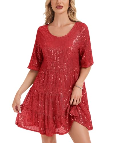 Kyzoeyou Kurzarm Glitzer Sommerkleid Damen mit Pailletten Midi Kleider Leicht Kleid Casual Tunika Plissee Swing Freizeitkleid(Rot,L) von Kyzoeyou