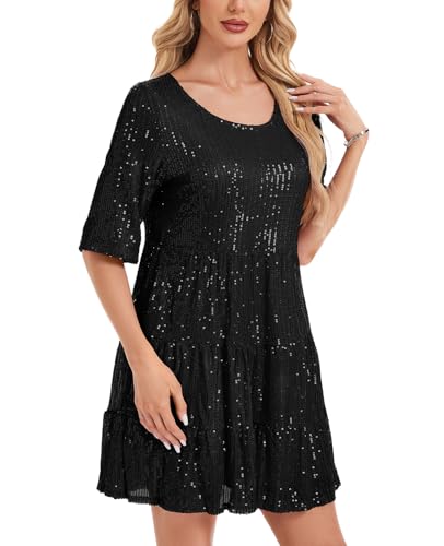 Kyzoeyou Kurzarm Glitzer Sommerkleid Damen mit Pailletten Midi Kleider Leicht Kleid Casual Tunika Plissee Swing Freizeitkleid(Schwarz,XL) von Kyzoeyou