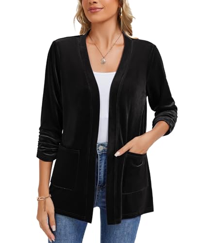 Kyzoeyou Samt Strickjacke Damen Offene Vorne Cardigan Lang Bolero 3/4 Ärmel Boleroshrug Offene Vorne Top V-Ausschnitt Blazer Elegant (Schwarz XXL) von Kyzoeyou