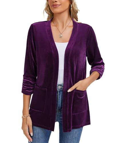 Kyzoeyou Samt Strickjacke Damen Offene Vorne Cardigan Lang Bolero 3/4 Ärmel Boleroshrug Offene Vorne Top V-Ausschnitt Blazer Elegant (Violett XXL) von Kyzoeyou
