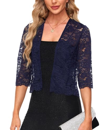 Kyzoeyou Strickjacke Damen Spitze Offene Vorne Bolero 3/4 Ärmel Cardigan Lässige Bolerojacke (Marine XL) von Kyzoeyou