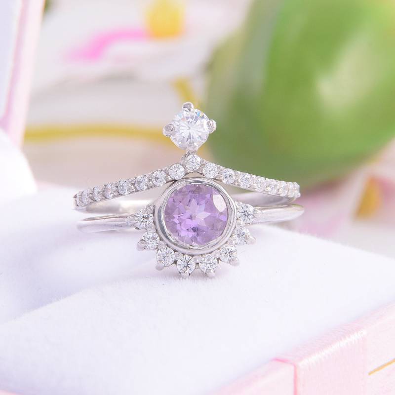 Amethyst Silber Trauringe, Trauringe Set, Art Deco Eheringe Einzigartige Schmuck, Schmuck von KzKJewel