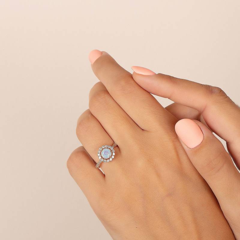 Art-Deco-Halo-Mondstein Versprechensring Für Sie, Vintage-Stil Halo Mondstein Verlobungsring, Statement-Ring, Edelstein-Geburtssteinring Sie von KzKJewel