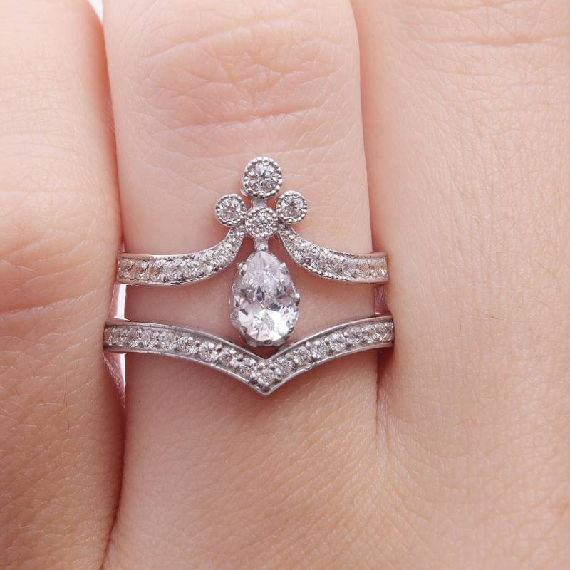 Einzigartige Antike Eheringe Set, Sterling Silber Damen Ringe Art-Deco-Trauringe Verlobungsringe, Silberringe Set von KzKJewel