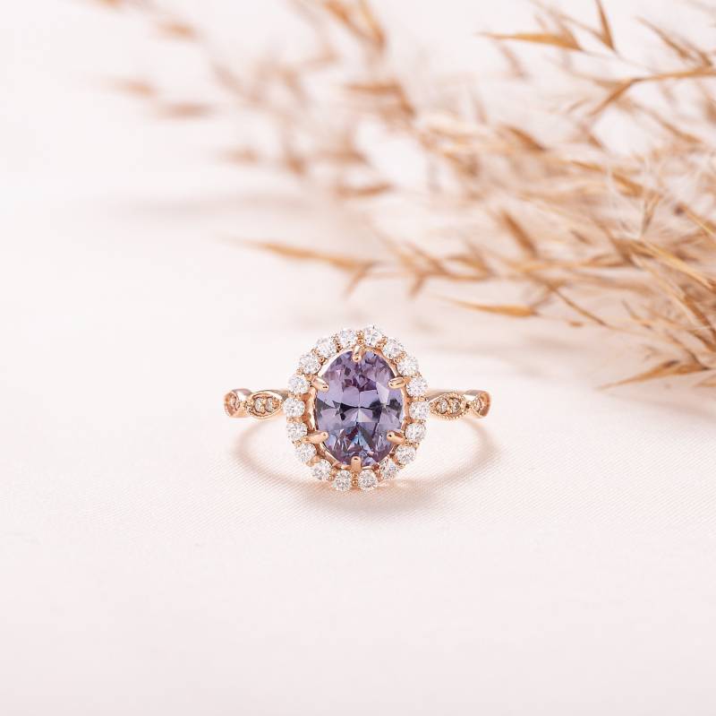 Frauen Heiligenschein Alexandrit Verlobungsring, Einzigartige Aussagering, Art-Deco Versprechensring, Edelstein Geburtssteinring von KzKJewel