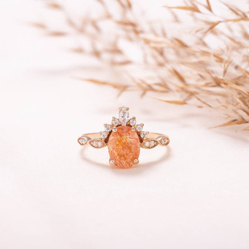 Vintage Art Oval Sonnenstein Verlobungsring, Art-Deco-Sonnenstein Versprechensring, Einzigartige Jubiläumserklärung, Edelstein-Geburtssteinring von KzKJewel