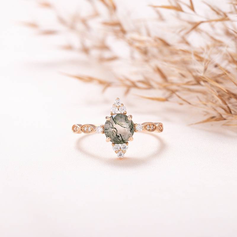 Vintage-Stil Moosachat Statement Ring, Versprechen Einzigartige 1Ct Verlobungsring, Benutzerdefinierte Steinring, Birthstone Ring von KzKJewel