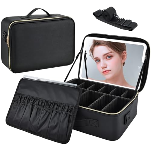 Schminkkoffer mit Beleuchtetem Spiegel-3 Farben LED Licht Schminktasche Damen Kosmetiktasche Große Make up Tasche Kosmetikkoffer Make up Koffer Kosmetik Organizer,Schwarz von KzRUeb