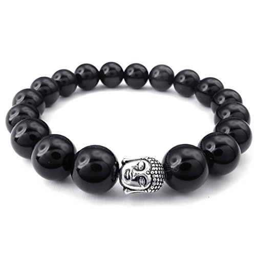 Kznifmk Armband für und Damen, Breite 12 mm, Perlen mit Statue, Gebetsperlen aus schwarzer Legierung, Silber und Schwarz von Kznifmk