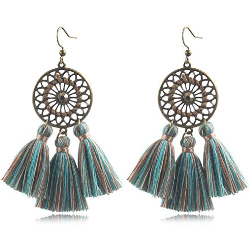 Kznifmk Bohemian Legierung Ohrringe Europäische und Amerikanische Handarbeit in Form eines Fächers, lange Quaste, hohl, Unisex, Grün von Kznifmk