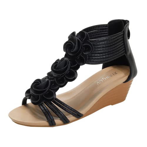 Damen Blumen Keilsandalen Retro Gladiatoren Sandalen mit Latex Polsterung Innensohle von Kzzwingan