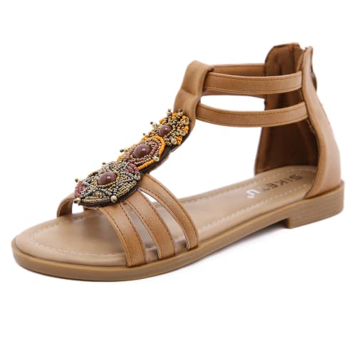 Damen Faux Jeweled Gladiator Sandalen Bohemia Flache Sandalen mit Reißverschluss hinten für Urlaub von Kzzwingan